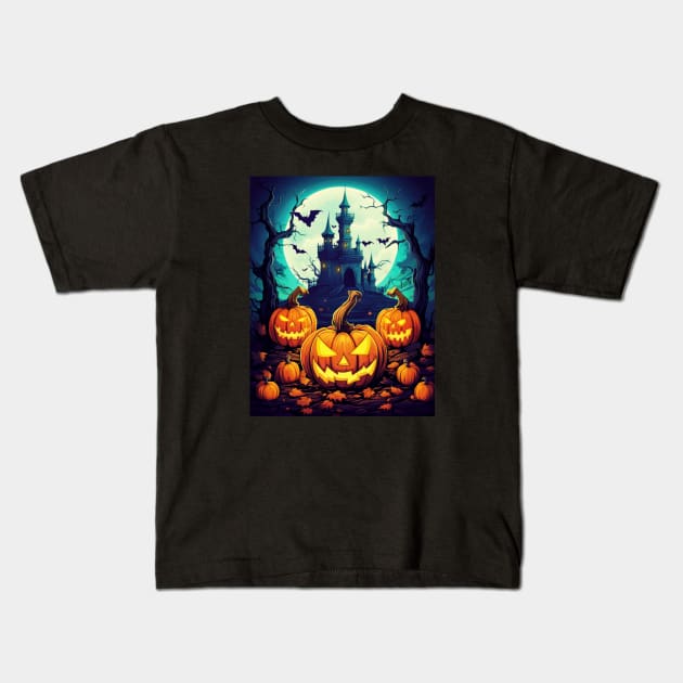 Goosebumps Halloween Pumpkins Garden Castle Kids T-Shirt by Juka